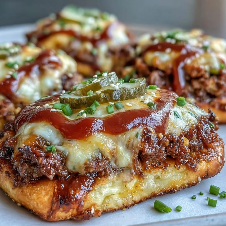 Slice of a cheesy Cheeseburger Garlic Naan Pizza showing juicy ground beef, tangy pickles, and fresh scallions.