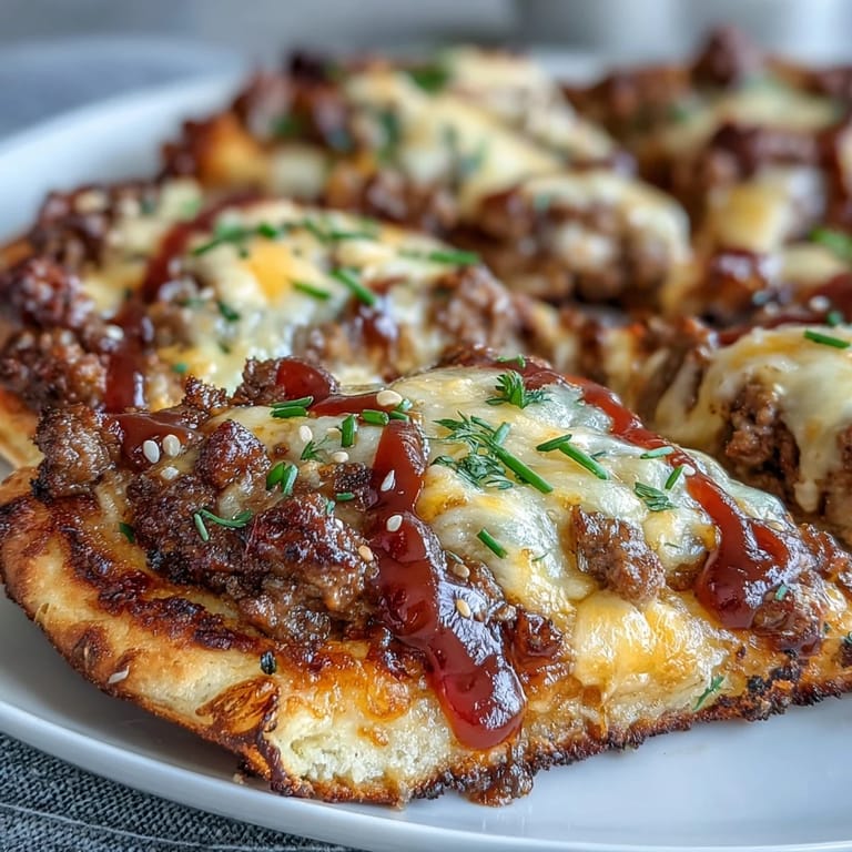 Handheld Cheeseburger Garlic Naan Pizzas on a rustic board, ready for a quick weeknight dinner or party snack.