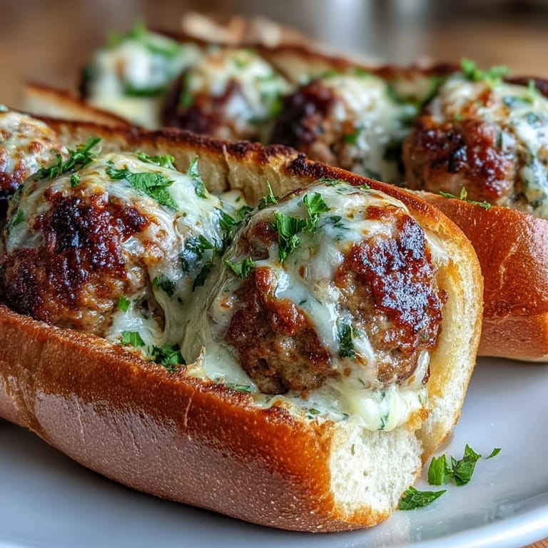 Handsome golden turkey meatballs simmer in creamy garlic-Parmesan sauce, then tucked into crisp rolls for a satisfying Garlic Parmesan Turkey Meatball Subs dinner.