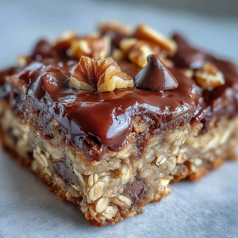 Chewy, warm Chunky Monkey Protein Oat Bars with ripe banana, melted chocolate, and crunchy walnuts on a rustic tray.