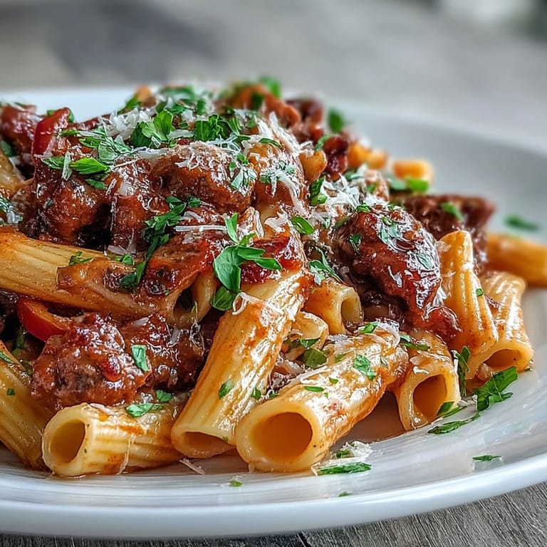 A serving of One-Pot Creamy Red Wine Sausage Pasta topped with fresh basil leaves, ready to be enjoyed.