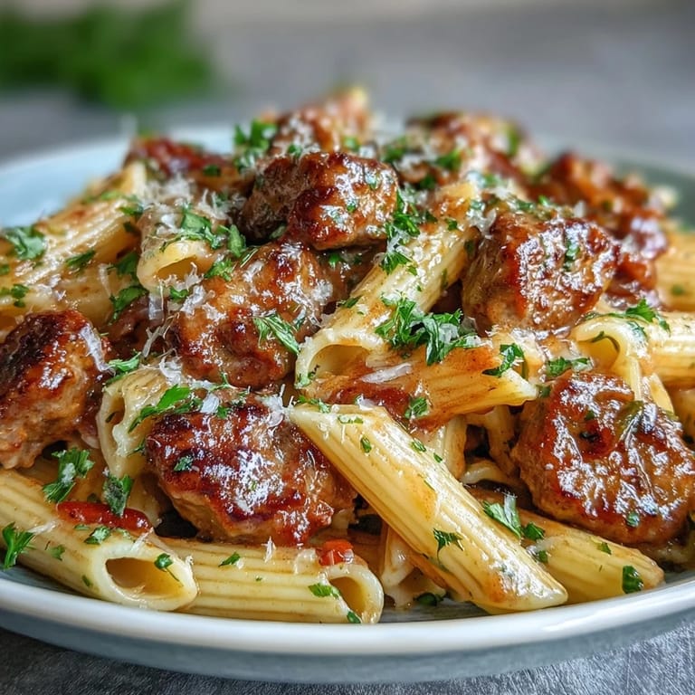 Close-up of One-Pot Creamy Red Wine Sausage Pasta with penne noodles and sliced sausage tossed in a creamy red wine sauce.