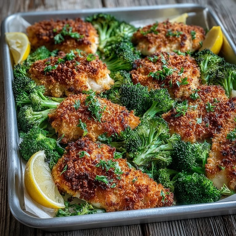Golden Crispy Parmesan Broccoli & Chicken Trays served hot with fresh parsley and lemon wedges.