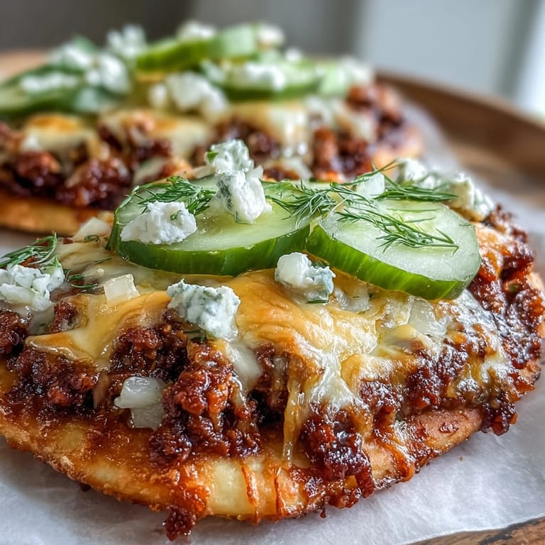 Four bubbling Cheeseburger Garlic Naan Pizzas garnished with fresh chives and ketchup drizzle, ready to serve for dinner.