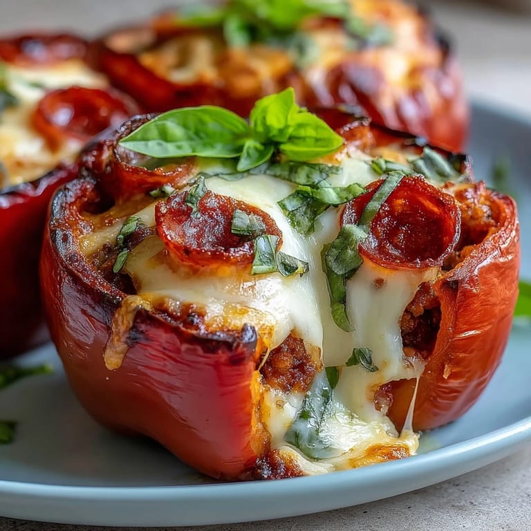 Roasted red bell pepper halves filled with Keto Pizza Stuffed Peppers, featuring bubbling cheese and a sprinkle of fresh parsley.