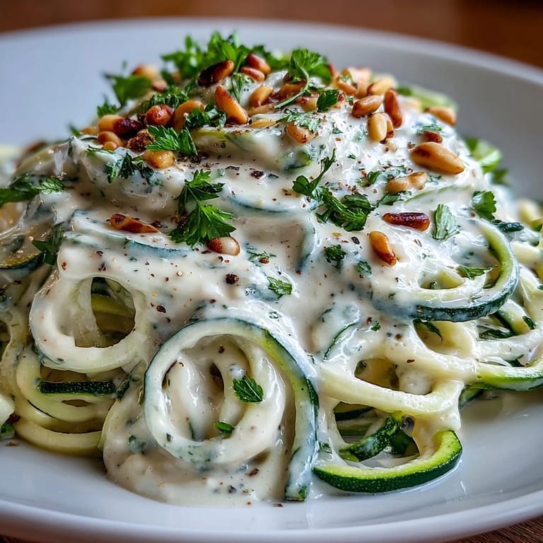 Vegan Creamy Cashew Alfredo clings to sautéed zucchini noodles in a skillet, highlighting the dairy-free sauce's silky texture and rich, nutty aroma.