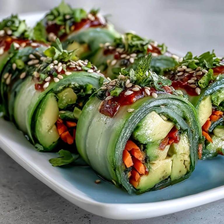 Freshly rolled Light Cucumber Avocado Rolls with Sesame, ready to eat, displayed on a wooden cutting board. Thin strips of cucumber wrap around creamy avocado and bright orange carrot, highlighting the vegan and gluten-free ingredients. 