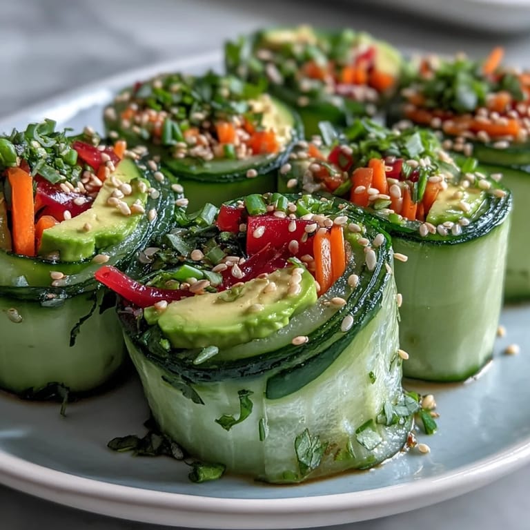 Close-up shot of Light Cucumber Avocado Rolls with Sesame, showcasing the detailed texture of the vegetable strips and toasted sesame seeds. A small dipping sauce bowl sits in the background, inviting you to enjoy this Japanese-inspired fusion snack.