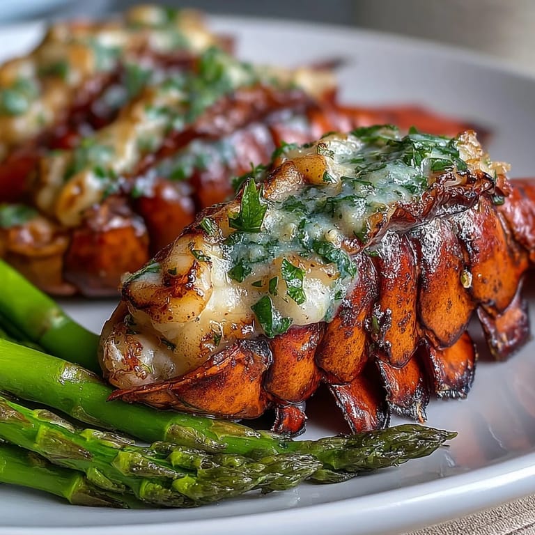 Juicy lobster tails and roasted asparagus drizzled with melted garlic butter on a rustic wooden table.