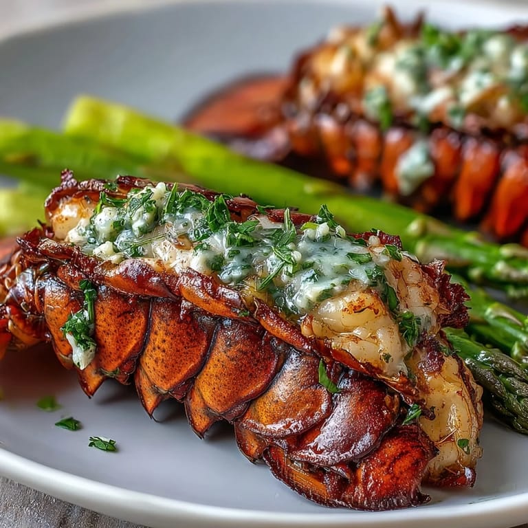 Plated Keto Garlic Butter Lobster Tails with Asparagus served beside lemon wedges and a glass of white wine.