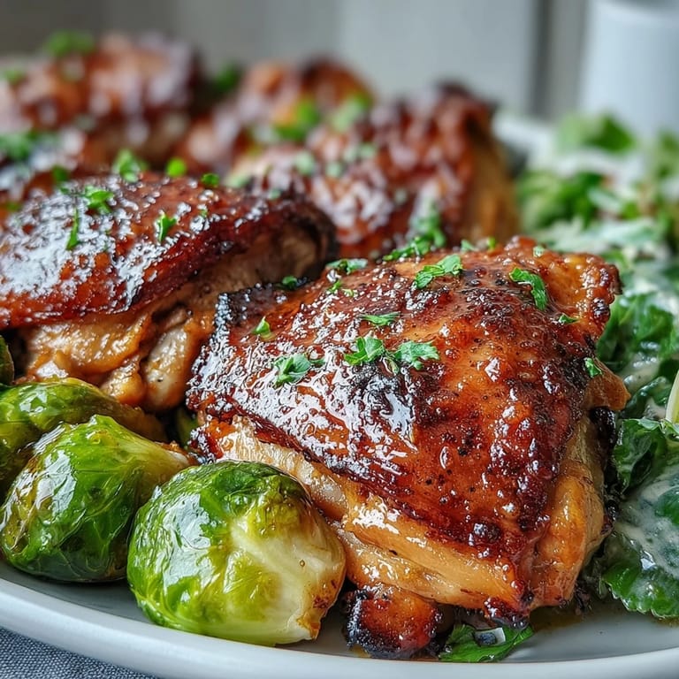 A close-up of glazed Sheet Pan Honey Mustard Chicken with crispy Brussels sprouts, served hot from the oven and garnished with fresh parsley on a rustic platter.