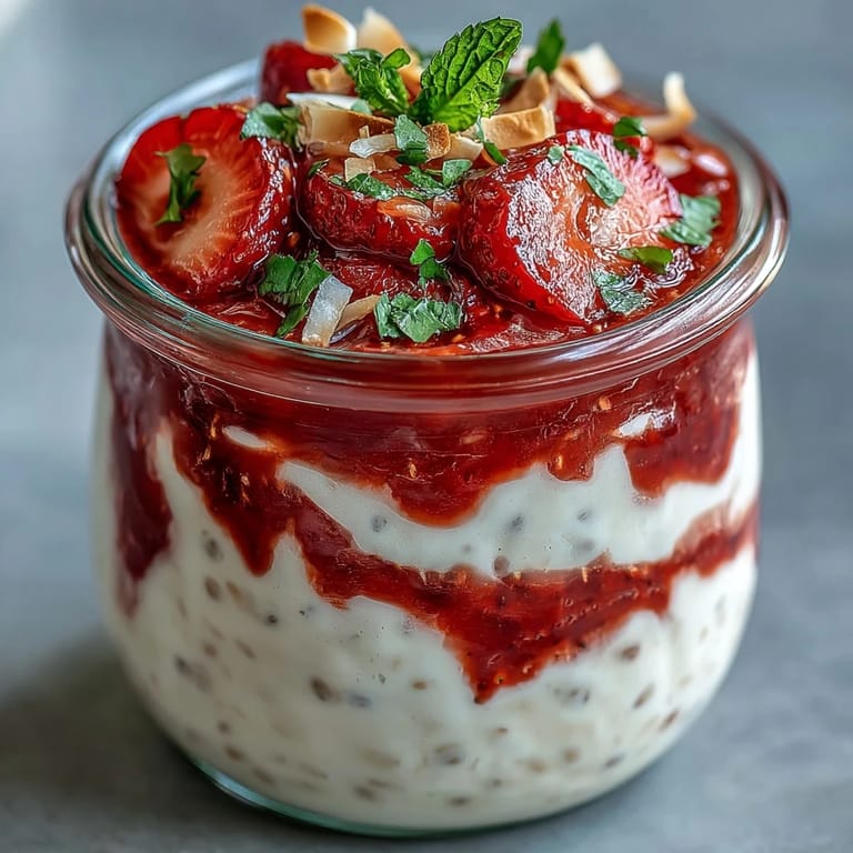 Fresh strawberry puree swirls into chilled Strawberry Chia Seed Pudding, served in a glass jar for breakfast.