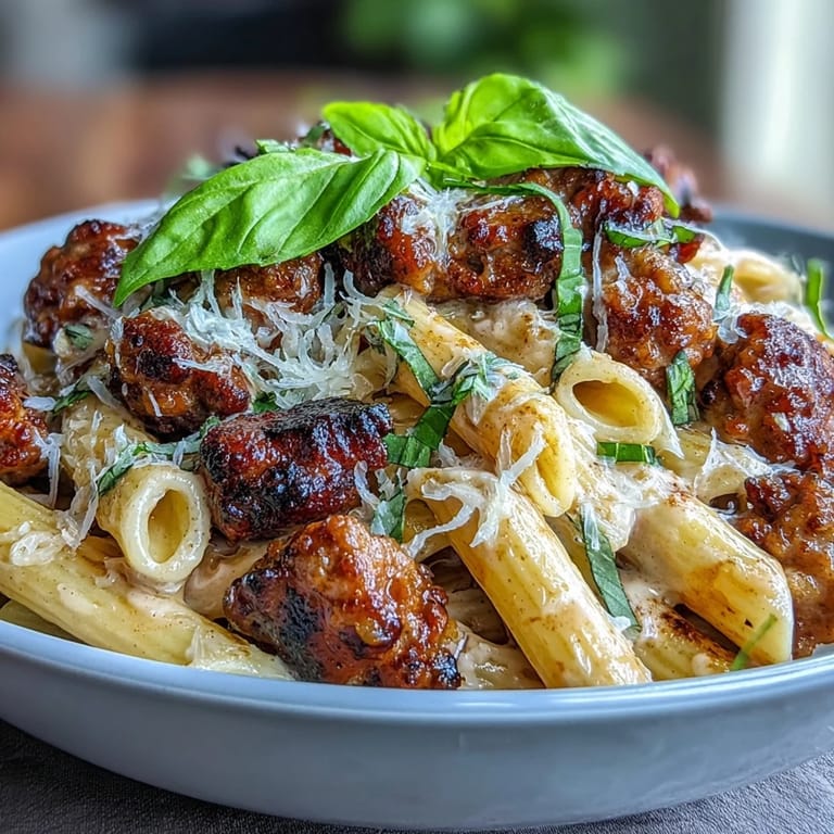 Hearty Italian sausage and penne simmered in red wine, tomatoes, and cream for a cozy, flavorful meal.  