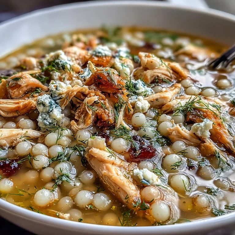A comforting Greek soup with chicken, pearl couscous, and bright lemon, finished with fresh herbs and feta.