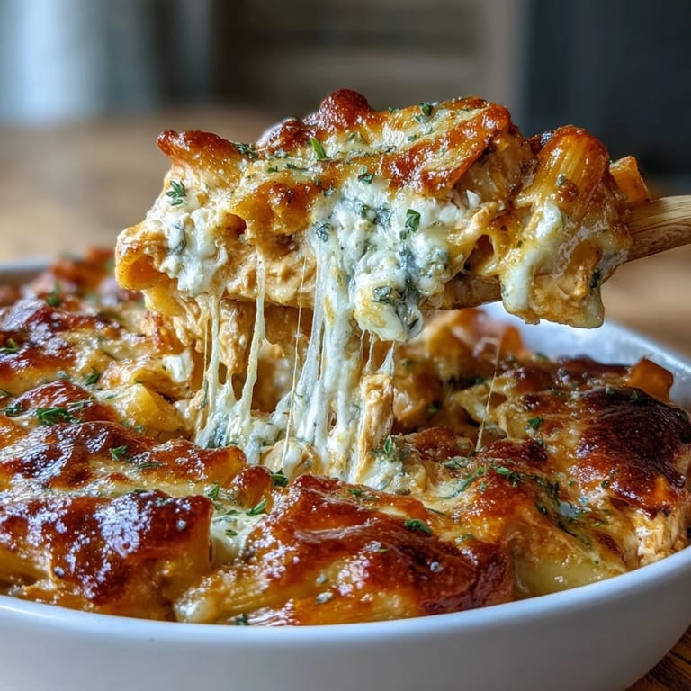 Golden-baked Creamy Buffalo Ranch Chicken Pasta Bake featuring shredded chicken, ranch seasoning, and a rich buffalo cream sauce in a bubbling casserole.