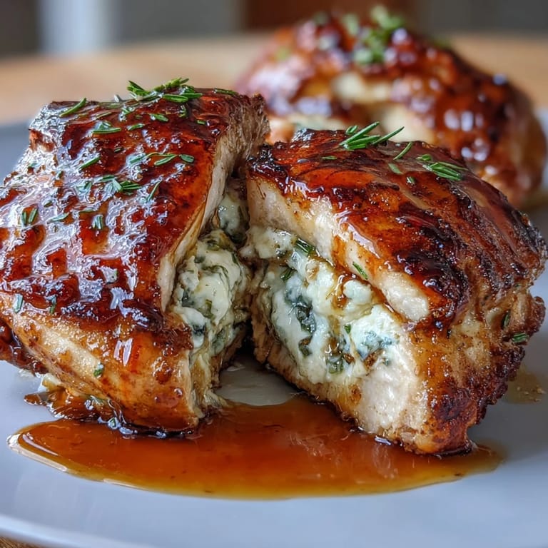 Creamy ricotta and fresh herb filling in tender chicken breasts, finished with a bold hot honey glaze for a flavor-packed main dish.  