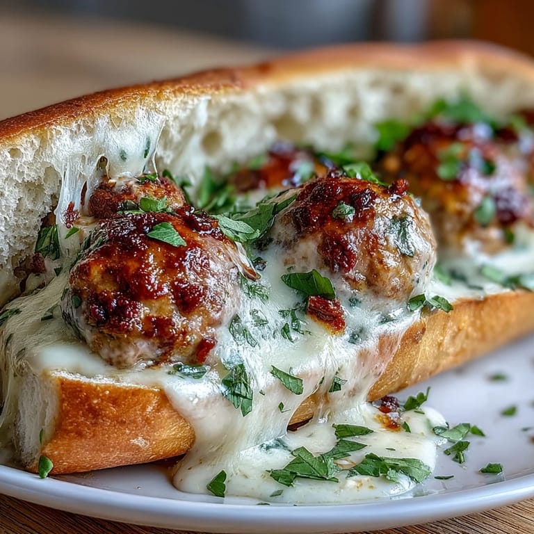 Juicy baked turkey meatballs in rich garlic-Parmesan cream sauce, nestled in buttery toasted sub rolls.  