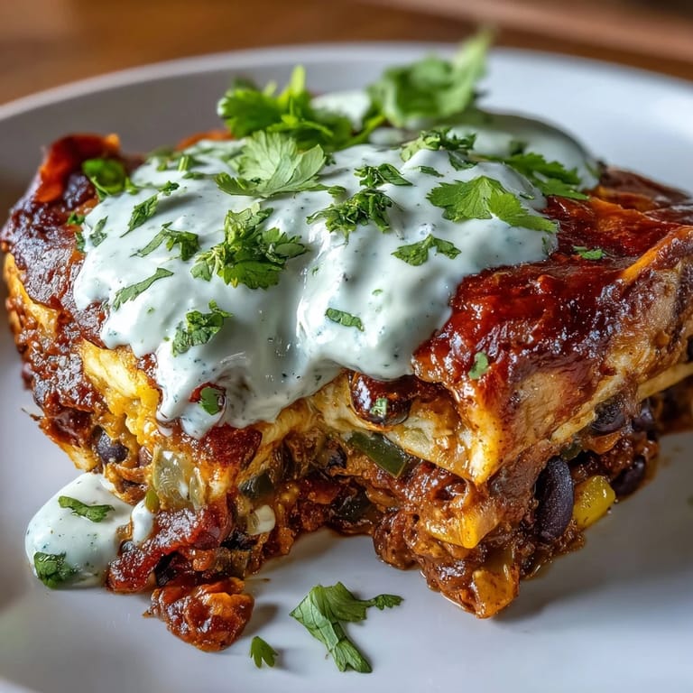 A close-up of a serving of vegan black bean enchilada casserole drizzled with avocado crema.