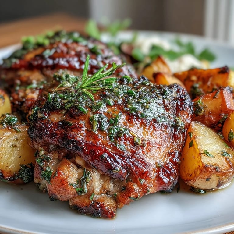 Aromatic herb-roasted chicken thighs nestled among tender carrots and potatoes, all glistening with olive oil and roasted to perfection.