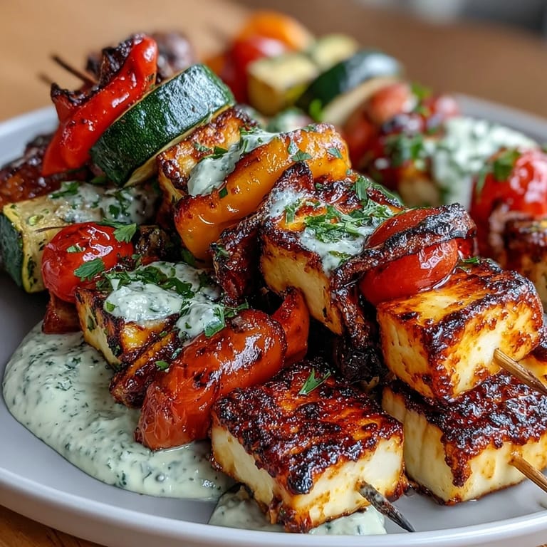Mediterranean-inspired grilled veggie and halloumi skewers served with a fresh, herby yogurt sauce for a vibrant summer meal.