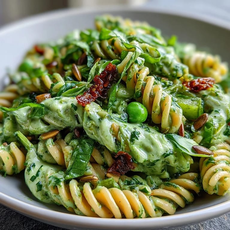 Refreshing green goddess pasta salad with al dente noodles, crisp cucumbers, and peas tossed in herby vegan dressing.  