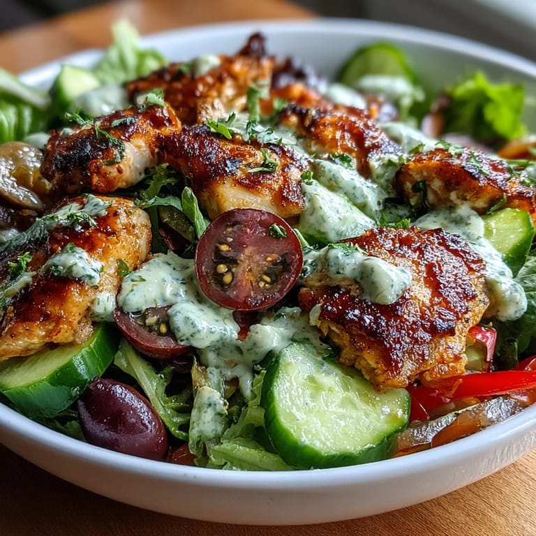 Vibrant salad bowl with spiced chicken shawarma, crisp vegetables, and creamy lemon tahini drizzle.
