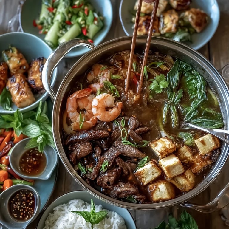 Colorful ingredients ready for cooking in a bubbling Asian hot pot, perfect for interactive dining with family and friends.  