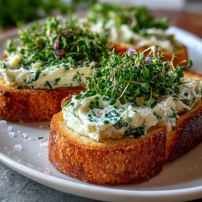 Creamy herb cheese spread on crispy crostini topped with fresh dill, parsley, and edible flowers for a stunning appetizer display.