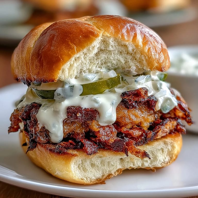 Crispy-edged beef patties on soft slider buns, topped with tangy special sauce, diced onions, and dill pickles for a flavorful bite-sized treat.