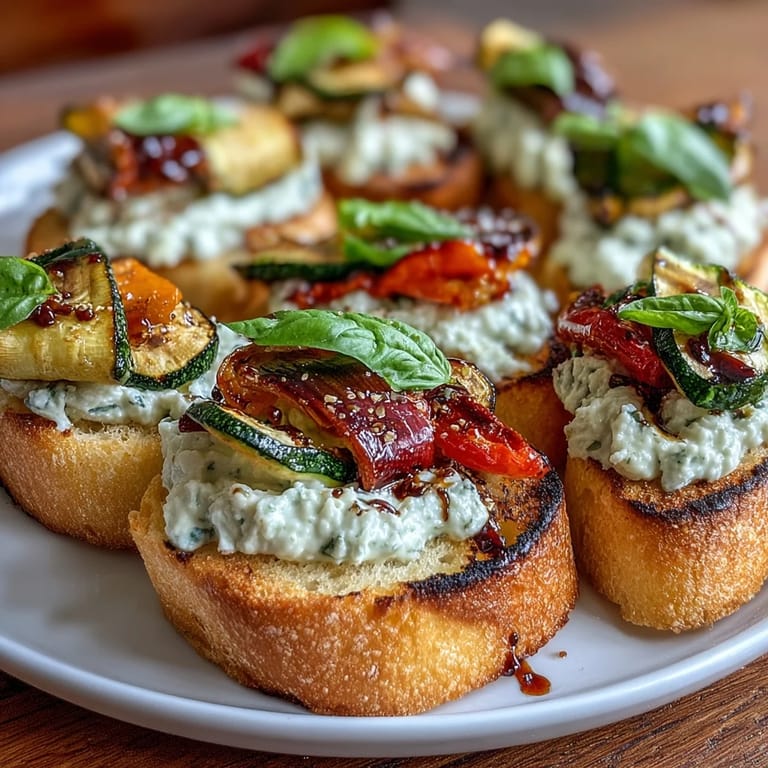 Golden crostini layered with roasted cherry tomatoes, red onion, and fresh basil, finished with a balsamic drizzle.  