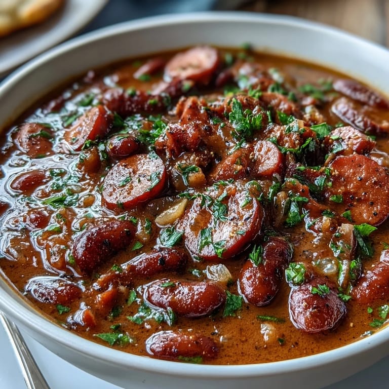 Close-up view of simmering ham and red bean soup with tender vegetables and rich Creole spices.  