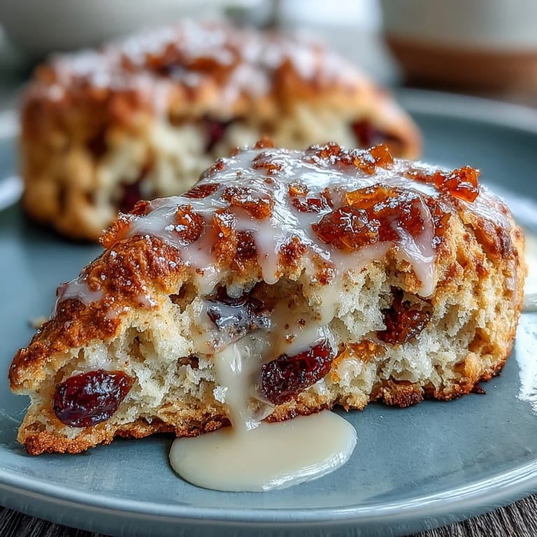 Buttery scones bursting with tart cranberries and sweet candied orange peel, drizzled with zesty orange glaze.