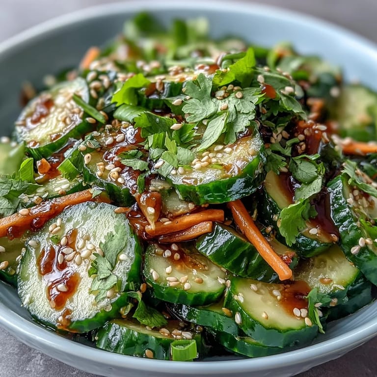 Colorful Asian sesame cucumber salad with soy dressing, combining crunchy vegetables and a tangy, umami-rich flavor profile.