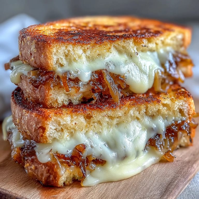 Crispy sourdough bread oozing with Swiss and Gruyère cheese, layered with sweet caramelized onions.