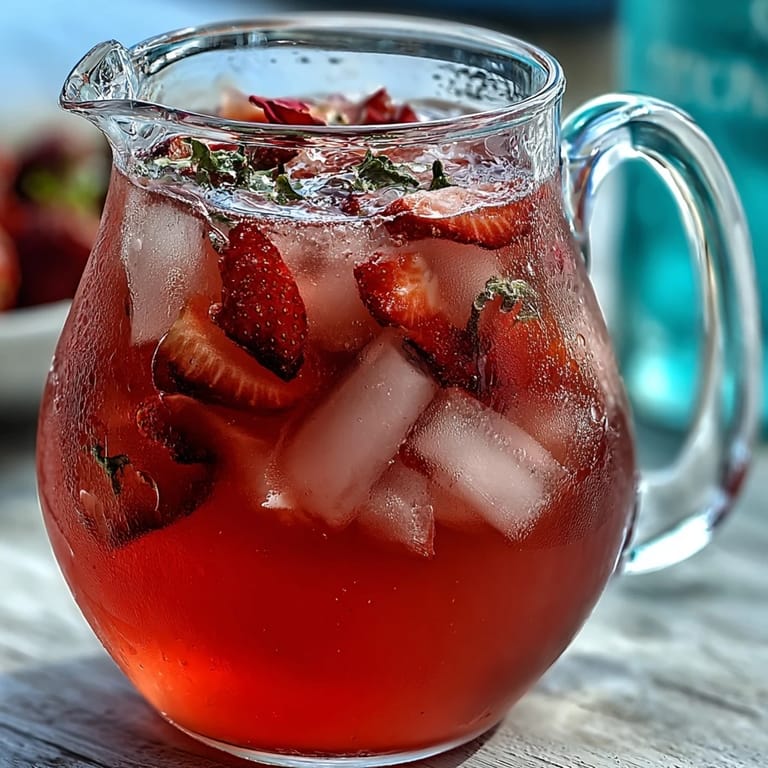 Refreshing homemade strawberry rose lemonade served over ice, garnished with edible rose petals and mint sprigs for a floral summer drink.