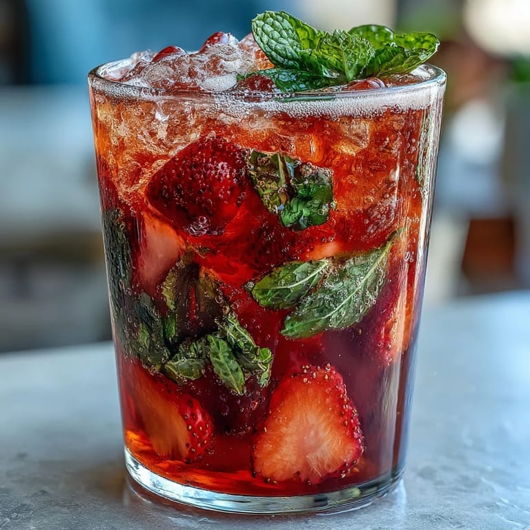 Chilled strawberry mocktail garnished with mint and lemon slices, featuring sweet berries and bubbly sparkle for a festive vibe.
