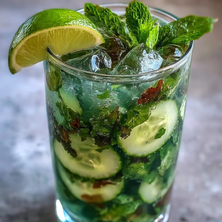 Crisp, alcohol-free mojito featuring muddled cucumber, lime, and mint, served over ice with sparkling water for a vibrant green drink.
