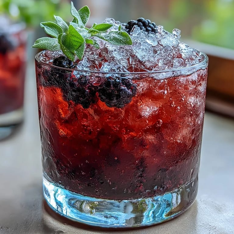 Refreshing blackberry sage mocktail served over crushed ice, featuring muddled berries, aromatic sage, and a citrus twist.