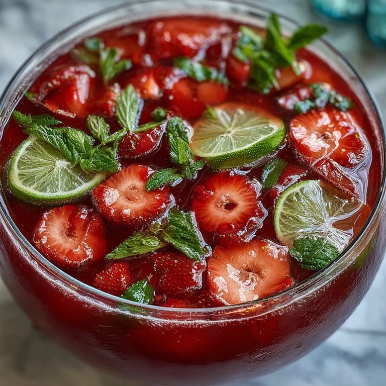 Refreshing strawberry daiquiri punch served in a large bowl with lime slices, sparkling soda, and chilled frozen strawberries for a cool twist.