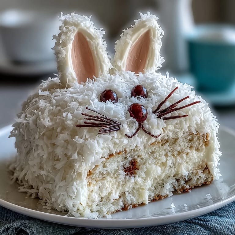 Festive bunny-shaped cake with pink coconut frosting, decorated with jelly beans, licorice whiskers, and a marshmallow tail for Easter celebrations.