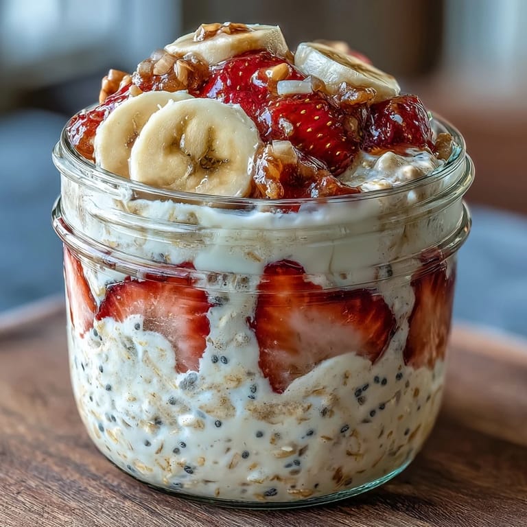 Nutritious strawberry banana chia overnight oats, blended with creamy yogurt and milk for a satisfying start to the day.