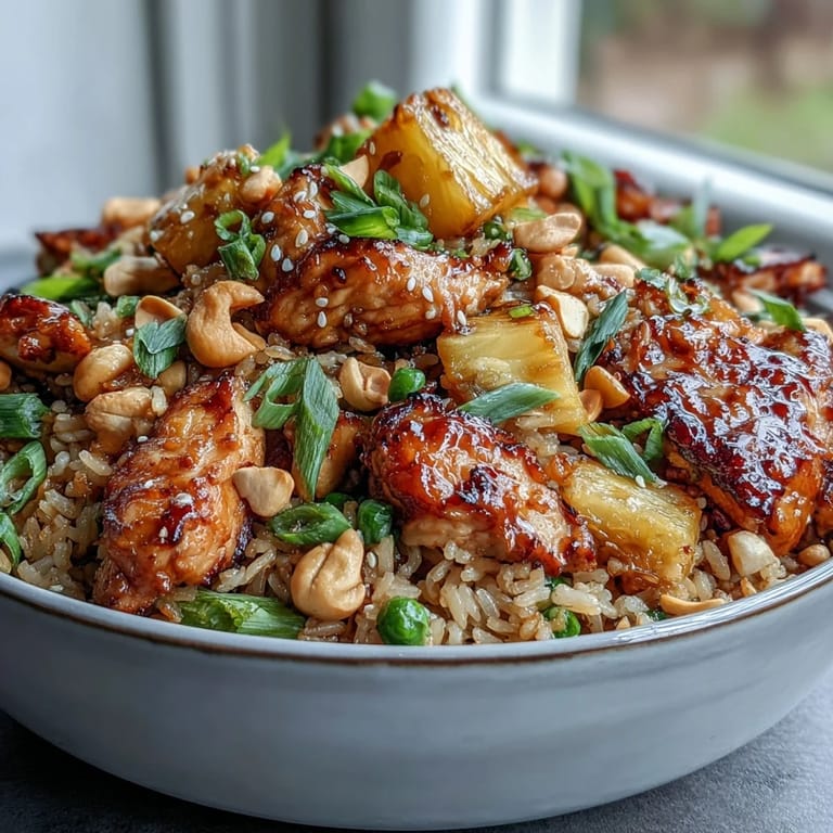 Tropical Hawaiian pineapple chicken fried rice topped with green onions and roasted cashews, featuring sweet pineapple, savory chicken, and aromatic jasmine rice in a colorful presentation.
