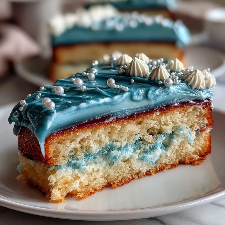 Moist vanilla sheet cake decorated with ocean wave piping in varying shades of blue, creating a dreamy Pisces-inspired dessert for special occasions.