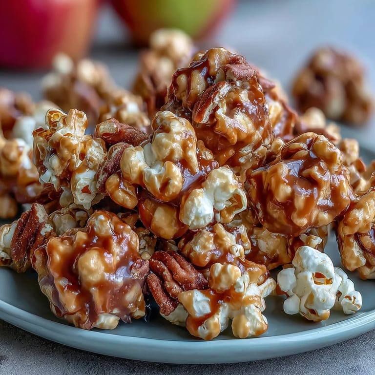 Sweet and crunchy caramel candy apple popcorn with vibrant chocolate candies and chewy apple bits.