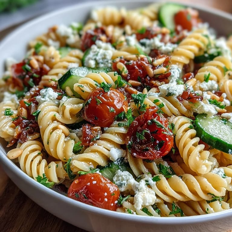 Bright and zesty lemon vinaigrette pasta salad featuring fresh cucumbers and sweet cherry tomatoes, great for easy lunches.