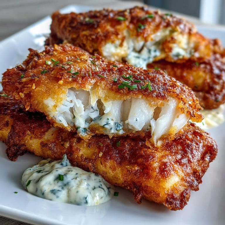 Buttermilk-marinated catfish fillets fried to crispy perfection, paired with homemade remoulade sauce for a flavorful Southern soul food meal.