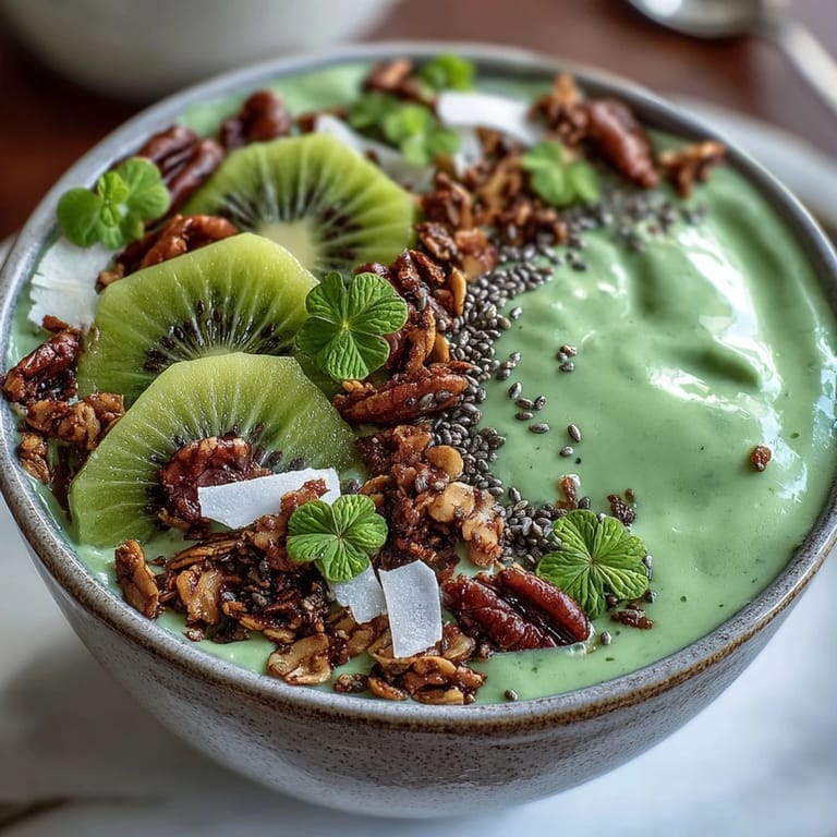 Creamy St. Patricks Day green smoothie bowl featuring avocado, spinach, and protein powder, decorated with edible gold stars and festive shamrock design.