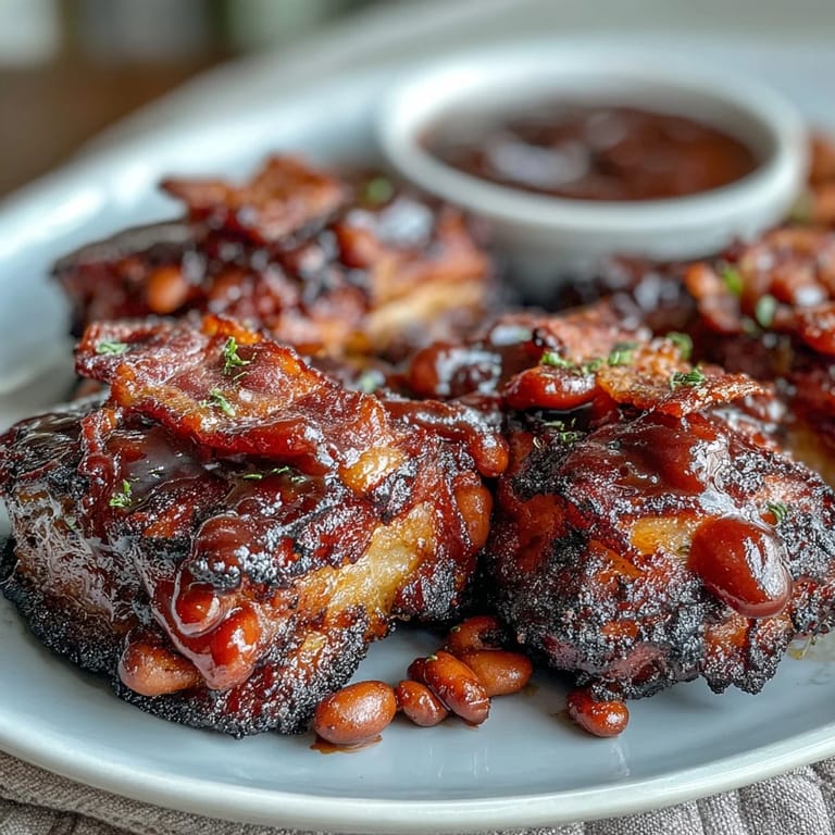 Golden brown baked beans in a rich sauce, topped with crispy bacon bits for extra flavor.