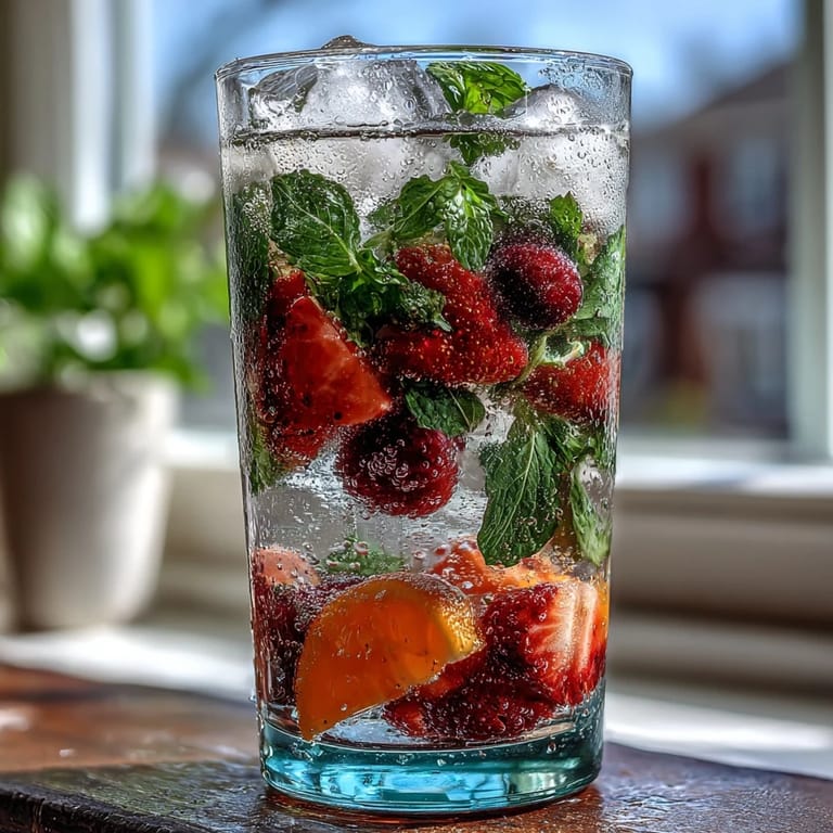 Customizable lemonade bar with strawberries, blueberries, and mint for festive self-serve refreshments.  