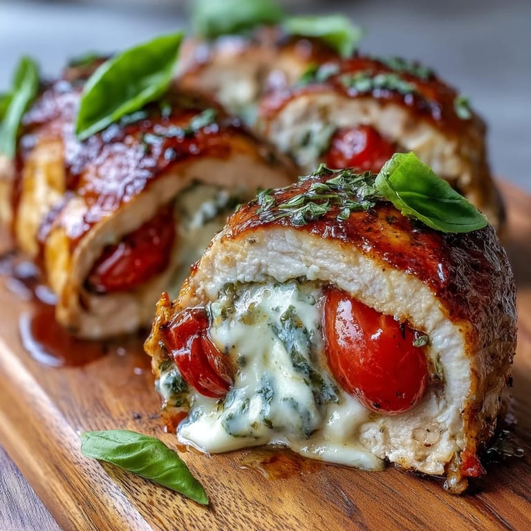 Golden-baked Caprese Stuffed Chicken Breast oozing with mozzarella, layered with tomatoes and basil, served with a glossy balsamic drizzle.
